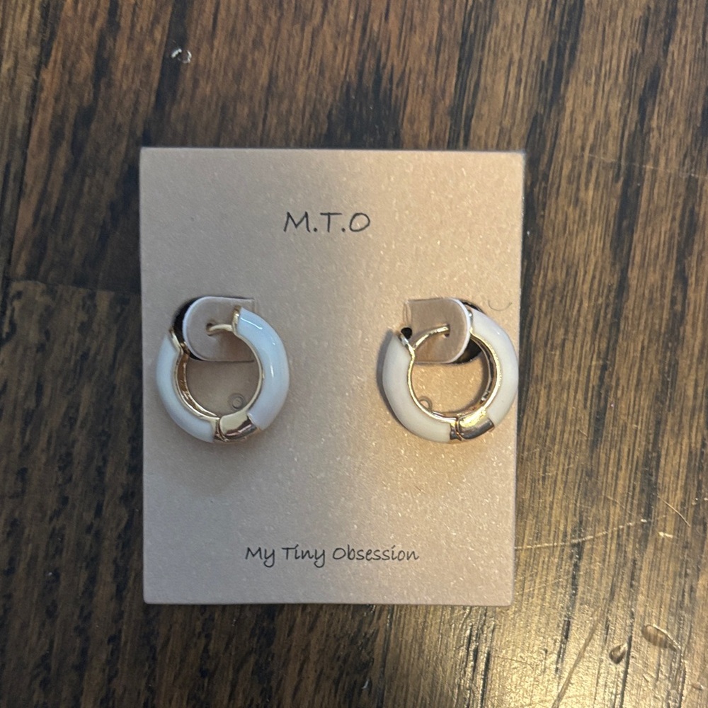 MTO White and Gold Enamel Huggie Earrings
